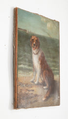 Unusual Portrait of a Large Dog on Beach with Sailboat & Steamer in Background