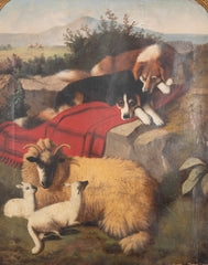 19th Century Scottish Oil on Canvas of Two Herding Dogs Keeping Watch