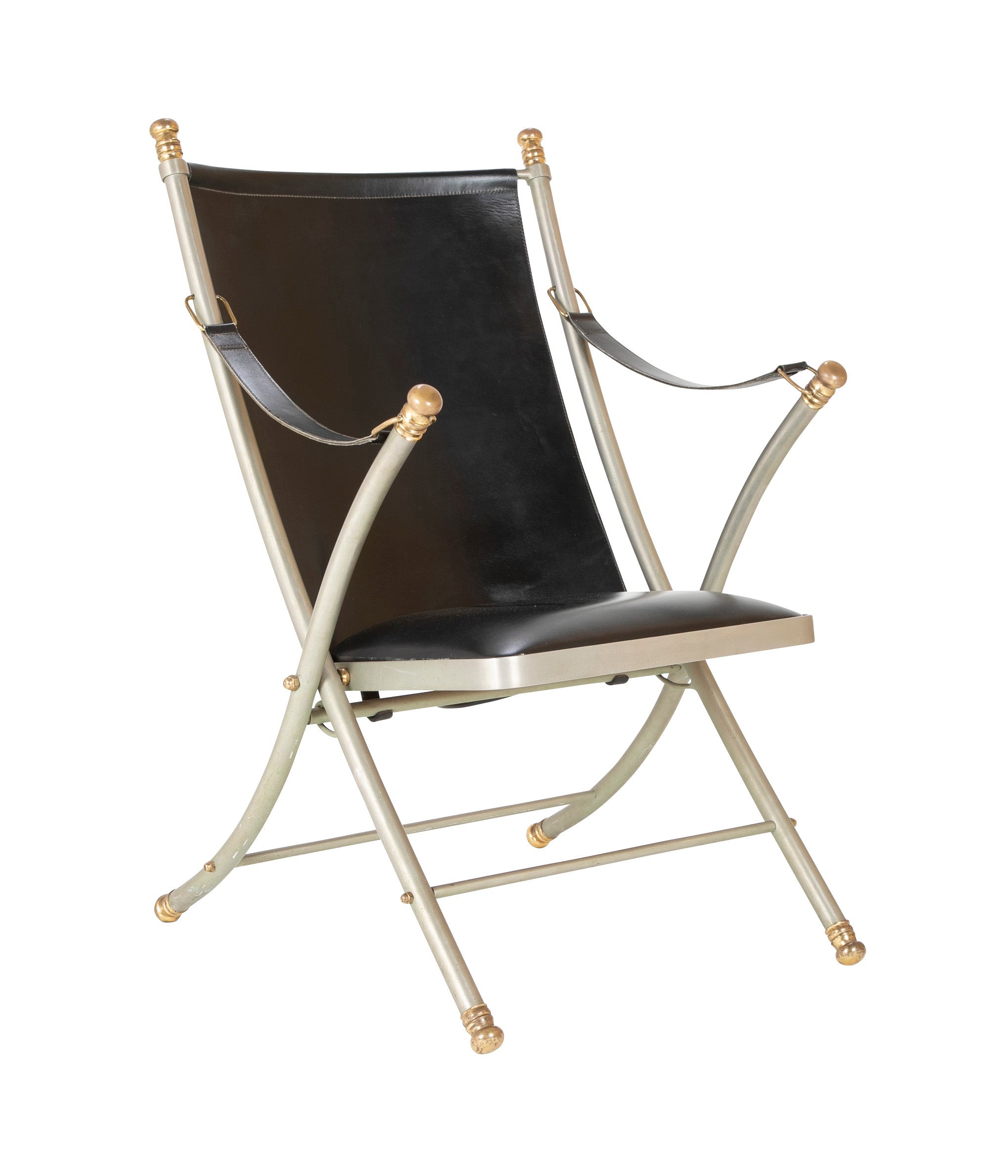 Maison Jansen Brushed Steel, Bronze & Black Leather Campaign Chair