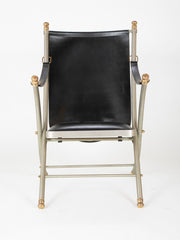 Maison Jansen Brushed Steel, Bronze & Black Leather Campaign Chair