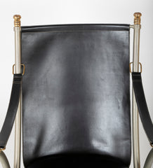 Maison Jansen Brushed Steel, Bronze & Black Leather Campaign Chair