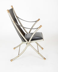 Maison Jansen Brushed Steel, Bronze & Black Leather Campaign Chair