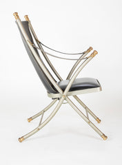 Maison Jansen Brushed Steel, Bronze & Black Leather Campaign Chair