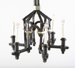 Neo-Gothic Style Forged & Blackened Wrought Iron Six Light Chandelier