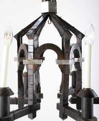 Neo-Gothic Style Forged & Blackened Wrought Iron Six Light Chandelier