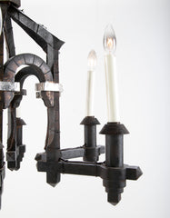 Neo-Gothic Style Forged & Blackened Wrought Iron Six Light Chandelier
