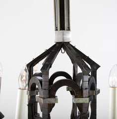 Neo-Gothic Style Forged & Blackened Wrought Iron Six Light Chandelier