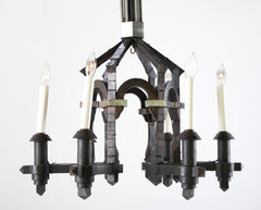 Neo-Gothic Style Forged & Blackened Wrought Iron Six Light Chandelier