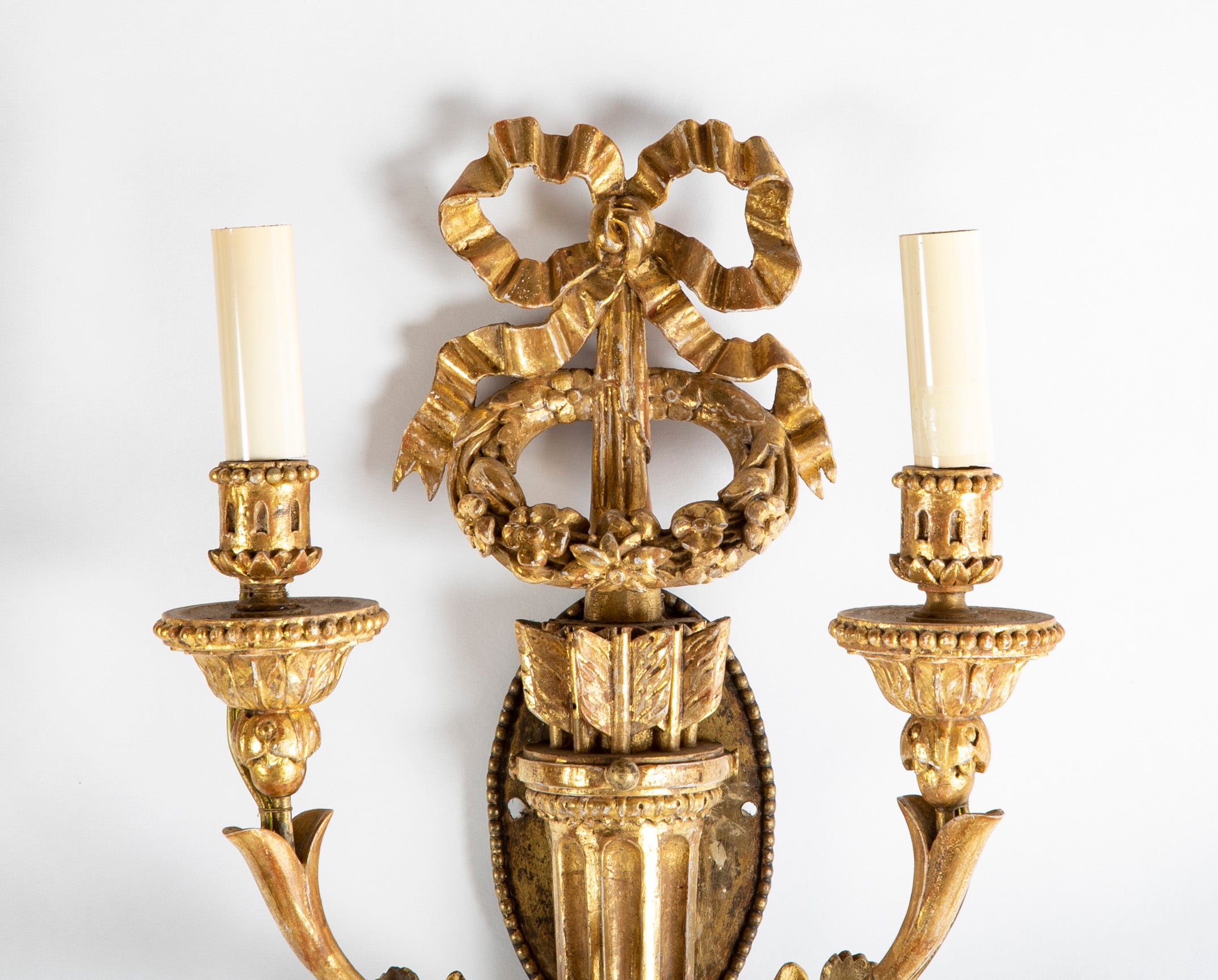 Pair of Louis XVI Giltwood Sconces with Bow Knot & Quiver Motif