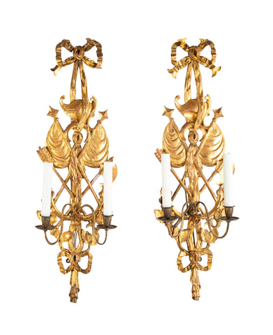 Pair of Italian Giltwood Wall Sconces in Neoclassical Trophy Form