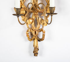 Pair of Italian Giltwood Wall Sconces in Neoclassical Trophy Form