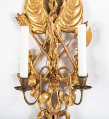 Pair of Italian Giltwood Wall Sconces in Neoclassical Trophy Form