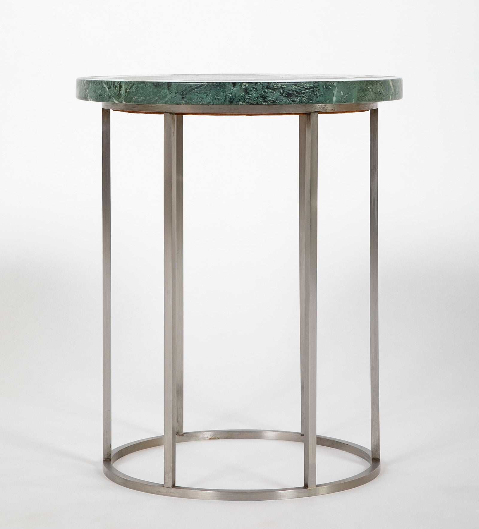 Pair of Late 20th Century Green Marble Top Brushed Aluminum Side Tables