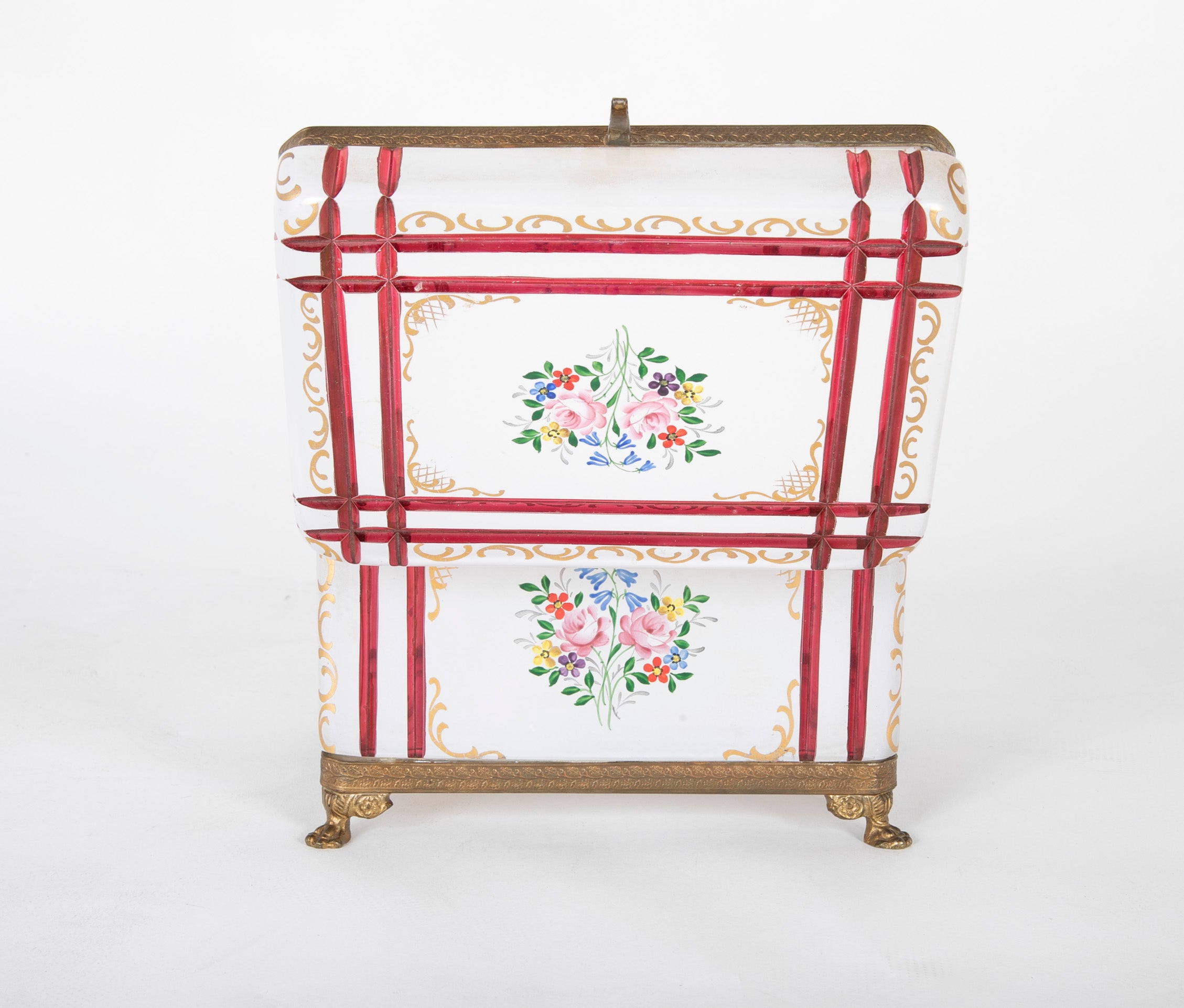 A Unique 19th Century White Opaline Glass Box with Red Cuts