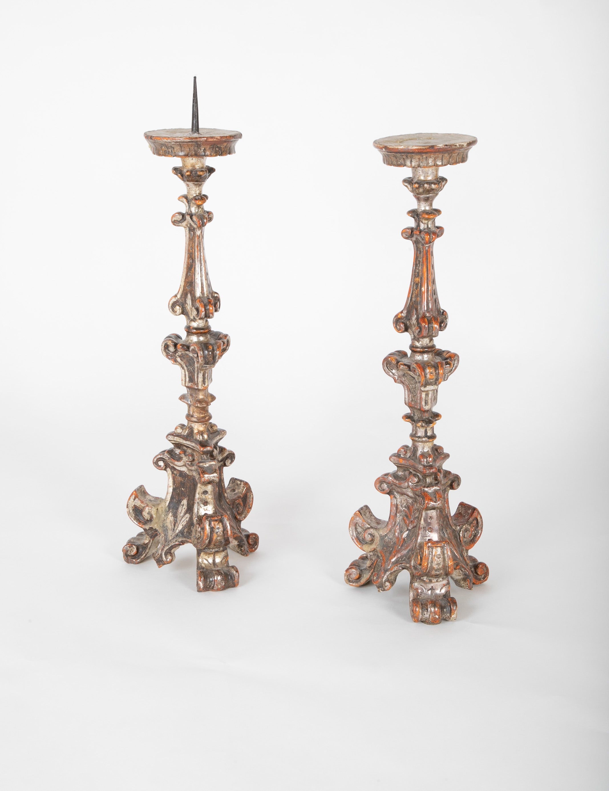 Pair of Hand Carved Altar Sticks in Silver Gilt Finish