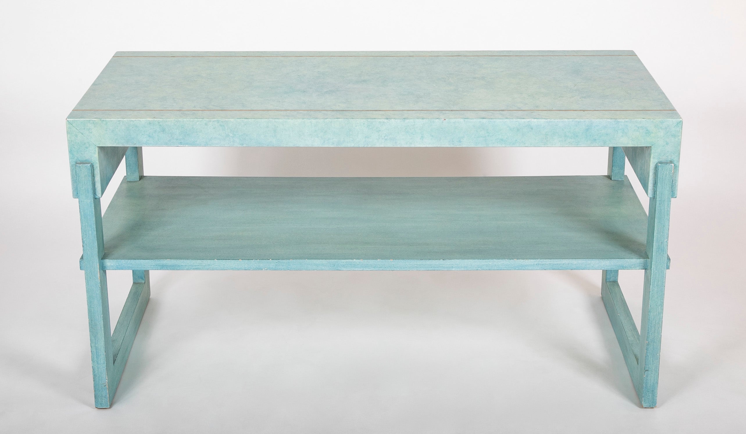 Pair of Turquoise Parchment Two Tier Side Tables by William Haines