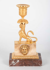 Gilt Sphinx Themed Candlestick on a Stepped Marble Base