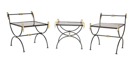 Three Piece Iron and Brass Coffee Table with Versace Insets