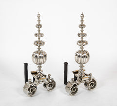 Great Pair of Dutch Baroque Style Polished Nickel Andirons