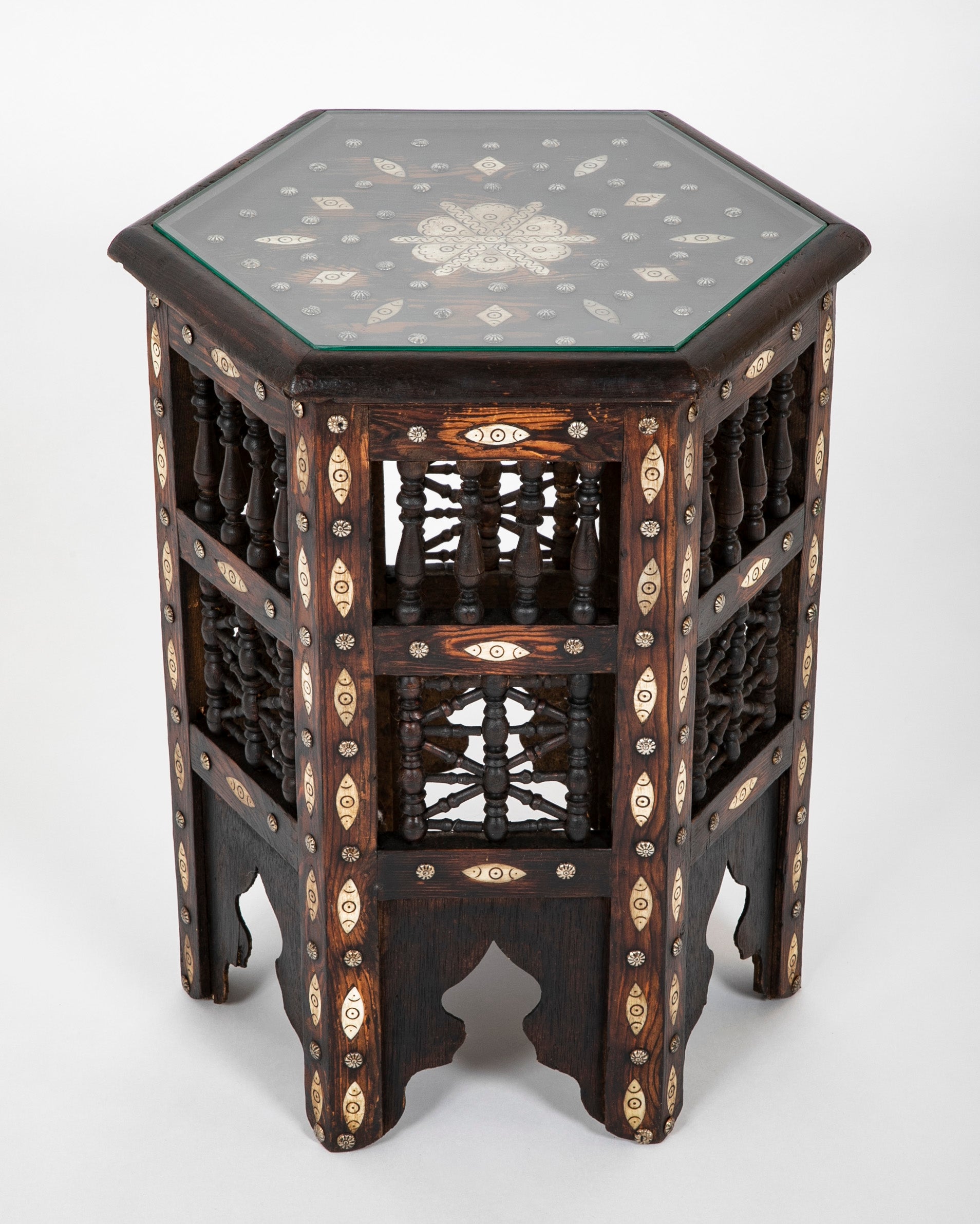 Moroccan Hexagonal Side Table with Bone Inlay & Brass Nail Heads