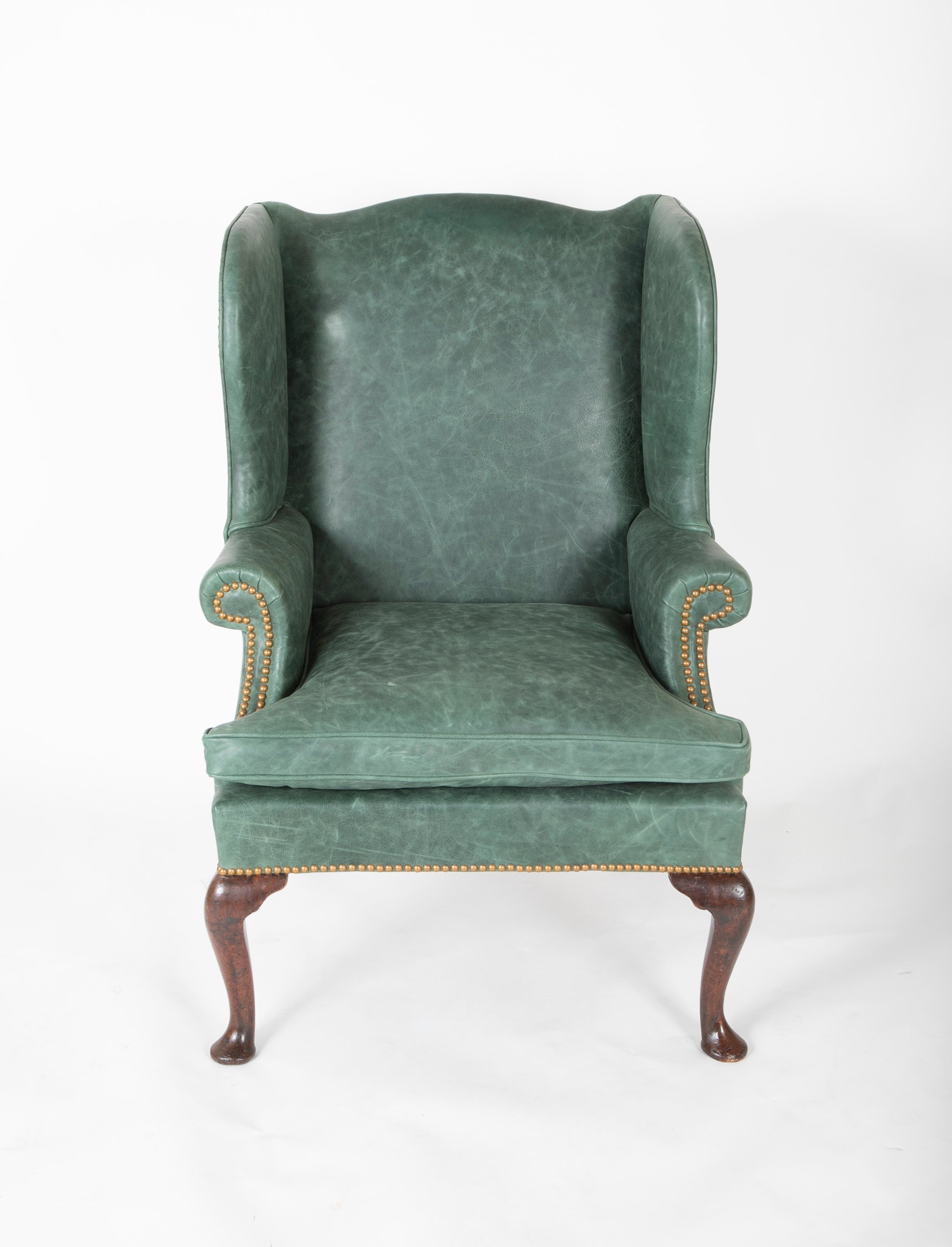 English Queen Ann Period Leather Upholstered Wing Chair