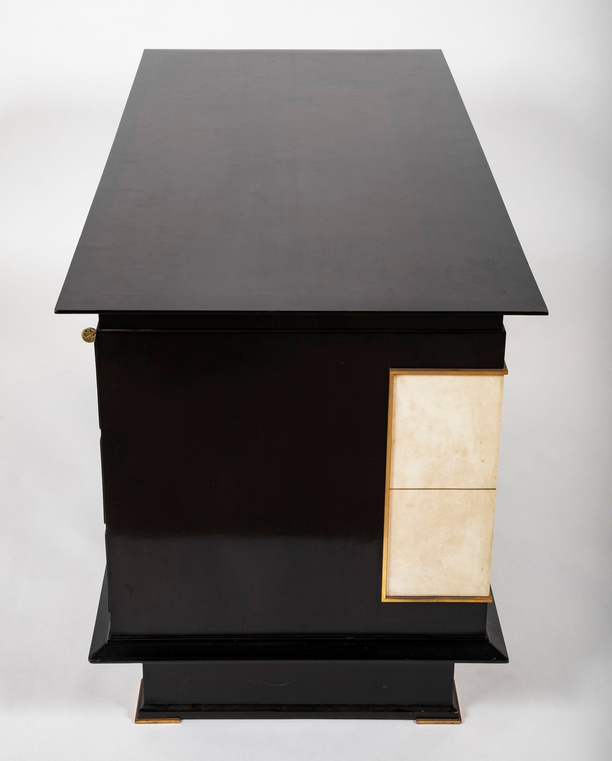 French Mid 20th Century Black Lacquer and Parchment Desk