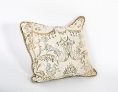 A Fortuny Pillow in Grays, Beige & Green with Lions & Monkeys