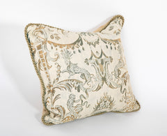 A Fortuny Pillow in Grays, Beige & Green with Lions & Monkeys