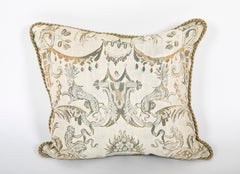 A Fortuny Pillow in Grays, Beige & Green with Lions & Monkeys