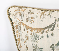 A Fortuny Pillow in Grays, Beige & Green with Lions & Monkeys