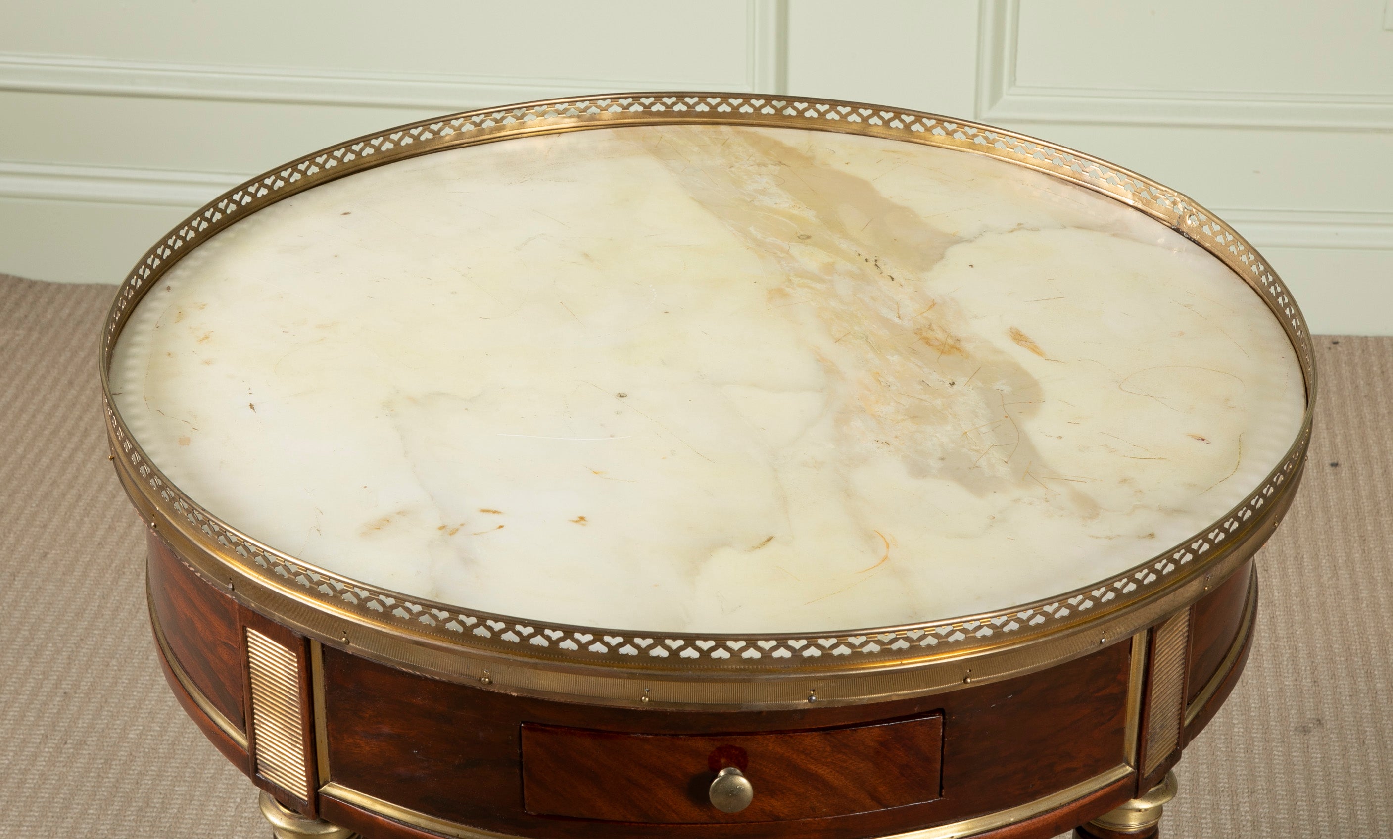 Late 18th Century Matched Pair of Louis XVI Marble Top Bouillotte Tables with Slides & Drawers