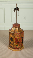 A Chinese Black & Gilt on Red Decorated Tole Octagonal Cannister with Figure