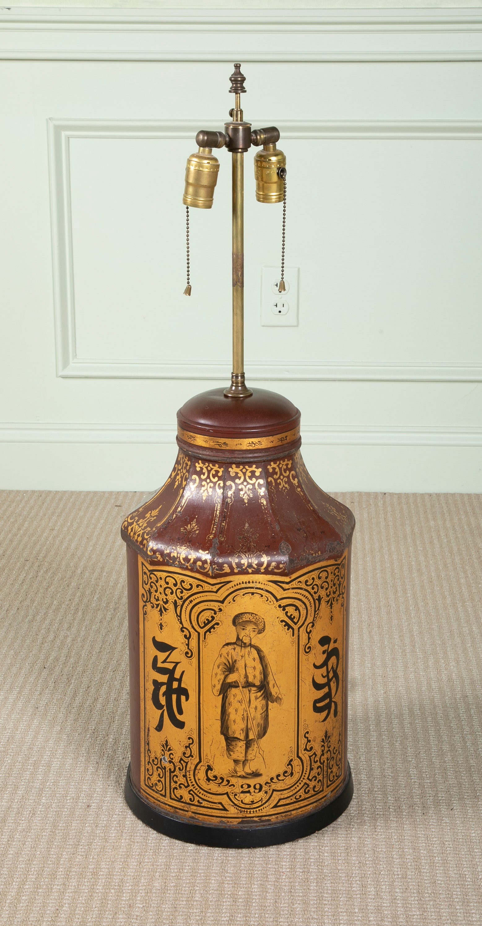A Chinese Black & Gilt on Deep Red Decorated Faceted Top Cannister Lamp