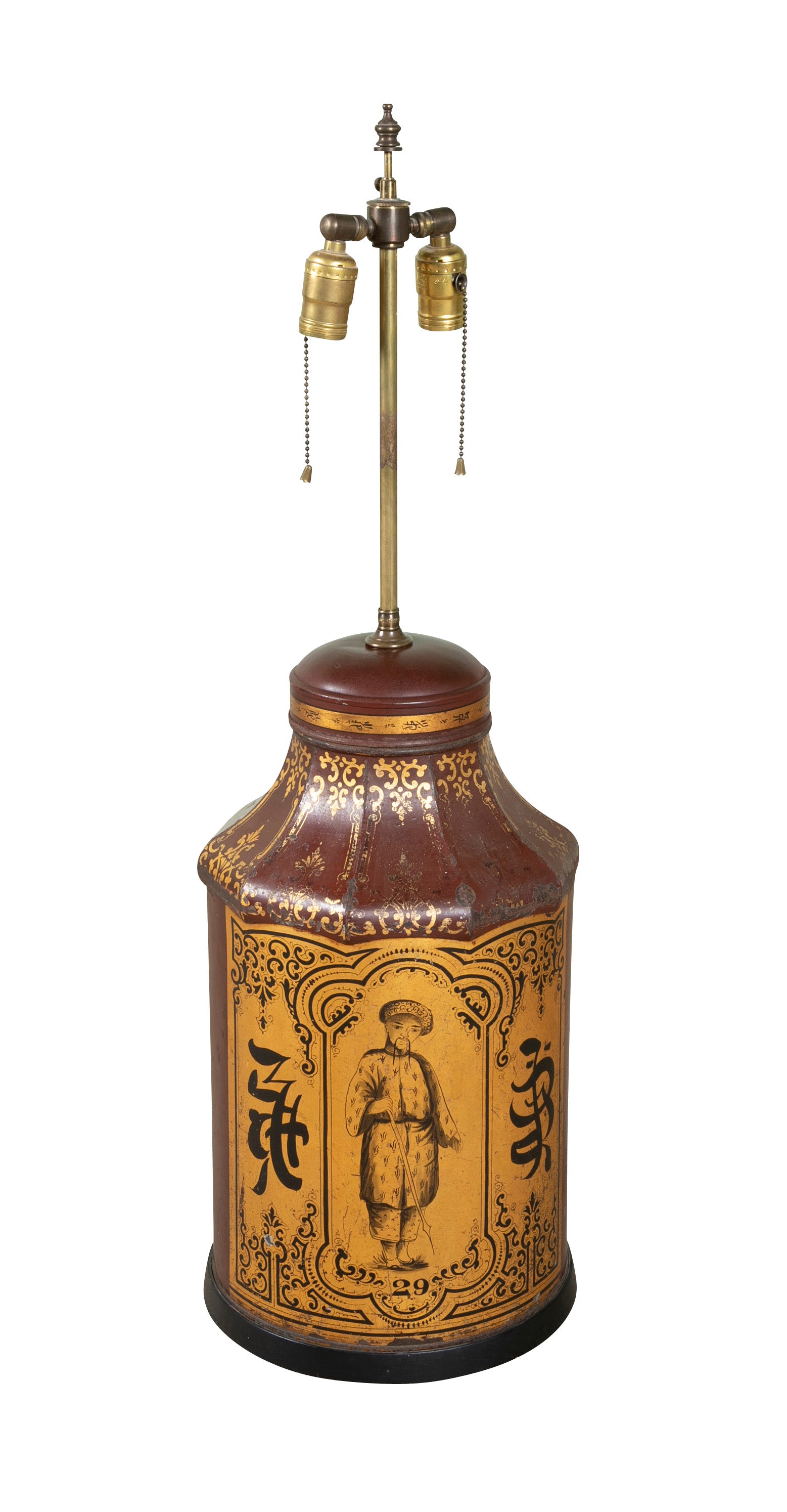 A Chinese Black & Gilt on Deep Red Decorated Faceted Top Cannister Lamp