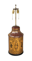 A Chinese Black & Gilt on Deep Red Decorated Faceted Top Cannister Lamp