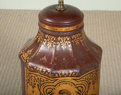 A Chinese Black & Gilt on Deep Red Decorated Faceted Top Cannister Lamp