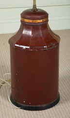A Chinese Black & Gilt on Deep Red Decorated Faceted Top Cannister Lamp