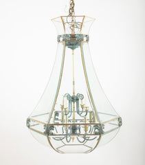 Unusual Large Hexagonal Shaped Bronze Lantern with Shaped Beveled Glass Panels