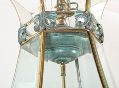 Unusual Large Hexagonal Shaped Bronze Lantern with Shaped Beveled Glass Panels