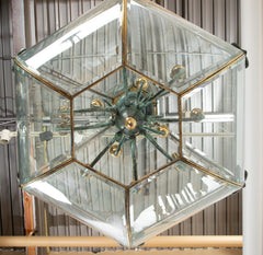 Unusual Large Hexagonal Shaped Bronze Lantern with Shaped Beveled Glass Panels