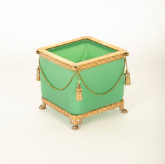 Apple Green Opaline Glass Cachepot with Gilt Bronze Swag Decoration & Feet