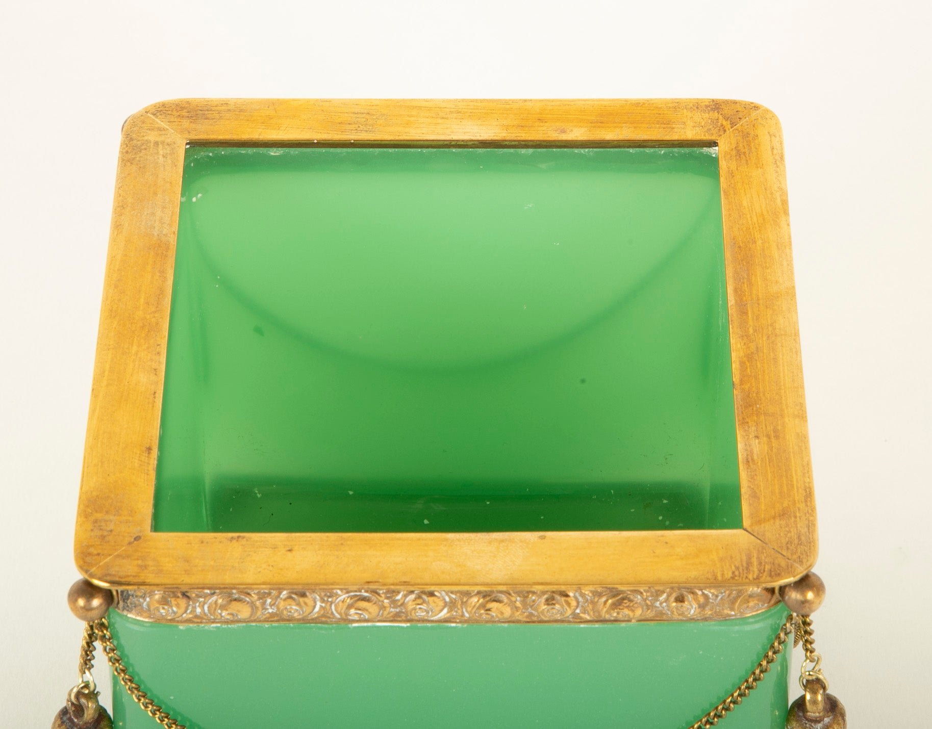 Apple Green Opaline Glass Cachepot with Gilt Bronze Swag Decoration & Feet