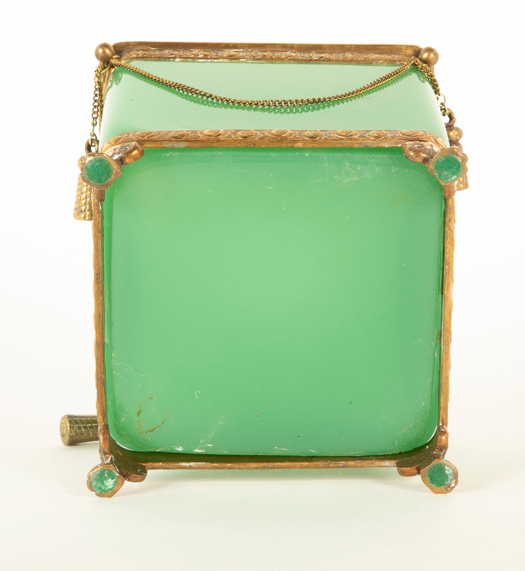 Apple Green Opaline Glass Cachepot with Gilt Bronze Swag Decoration & Feet