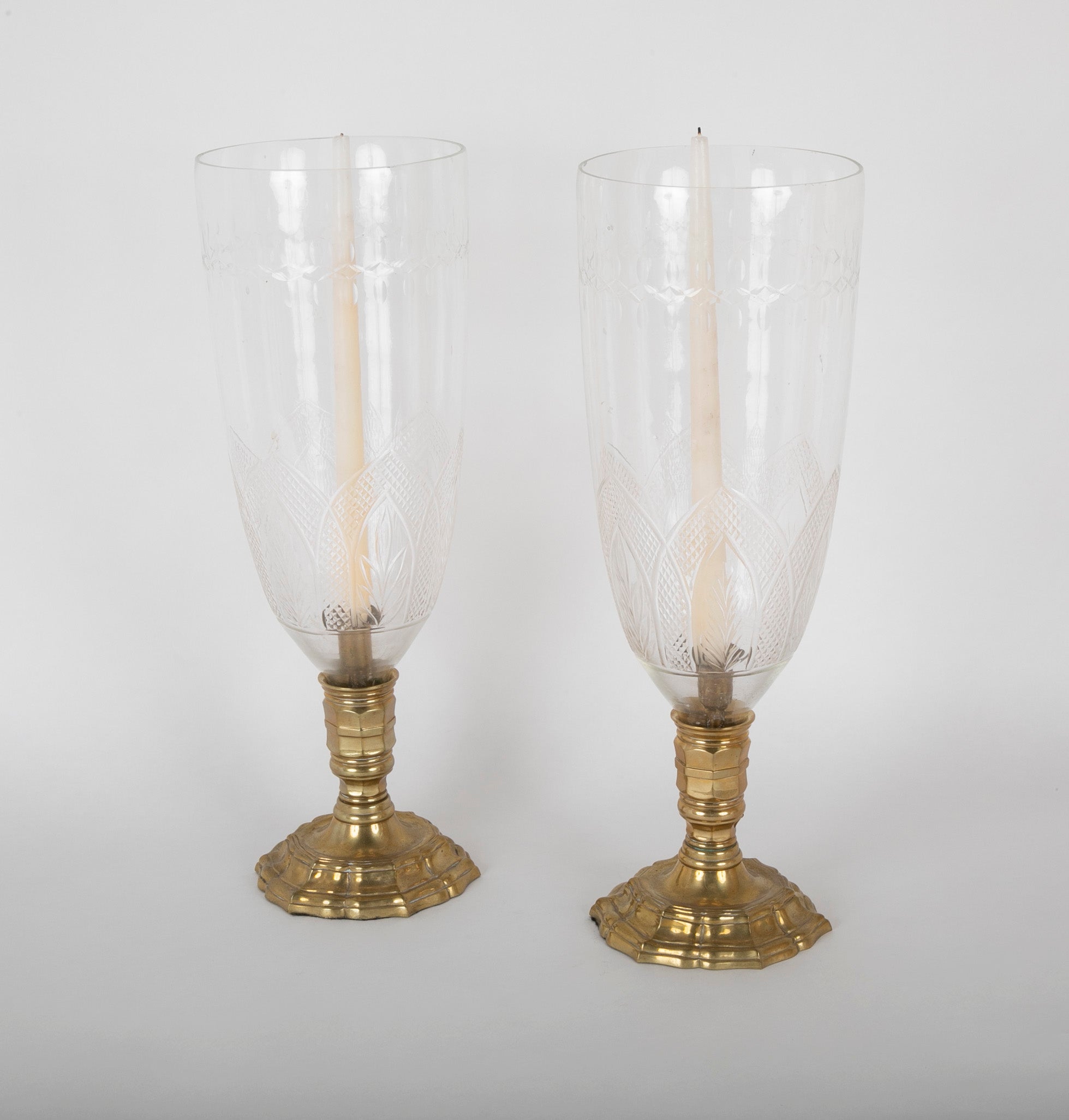 A Pair of French Bronze Photophores with Engraved Hurricane Shades