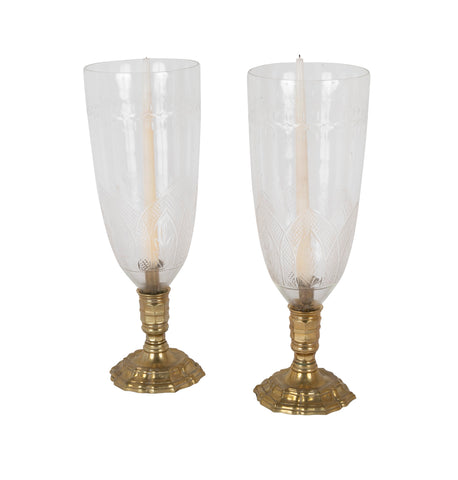 A Pair of French Bronze Photophores with Engraved Hurricane Shades