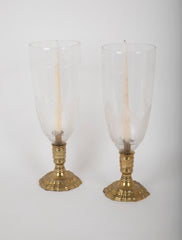 A Pair of French Bronze Photophores with Engraved Hurricane Shades