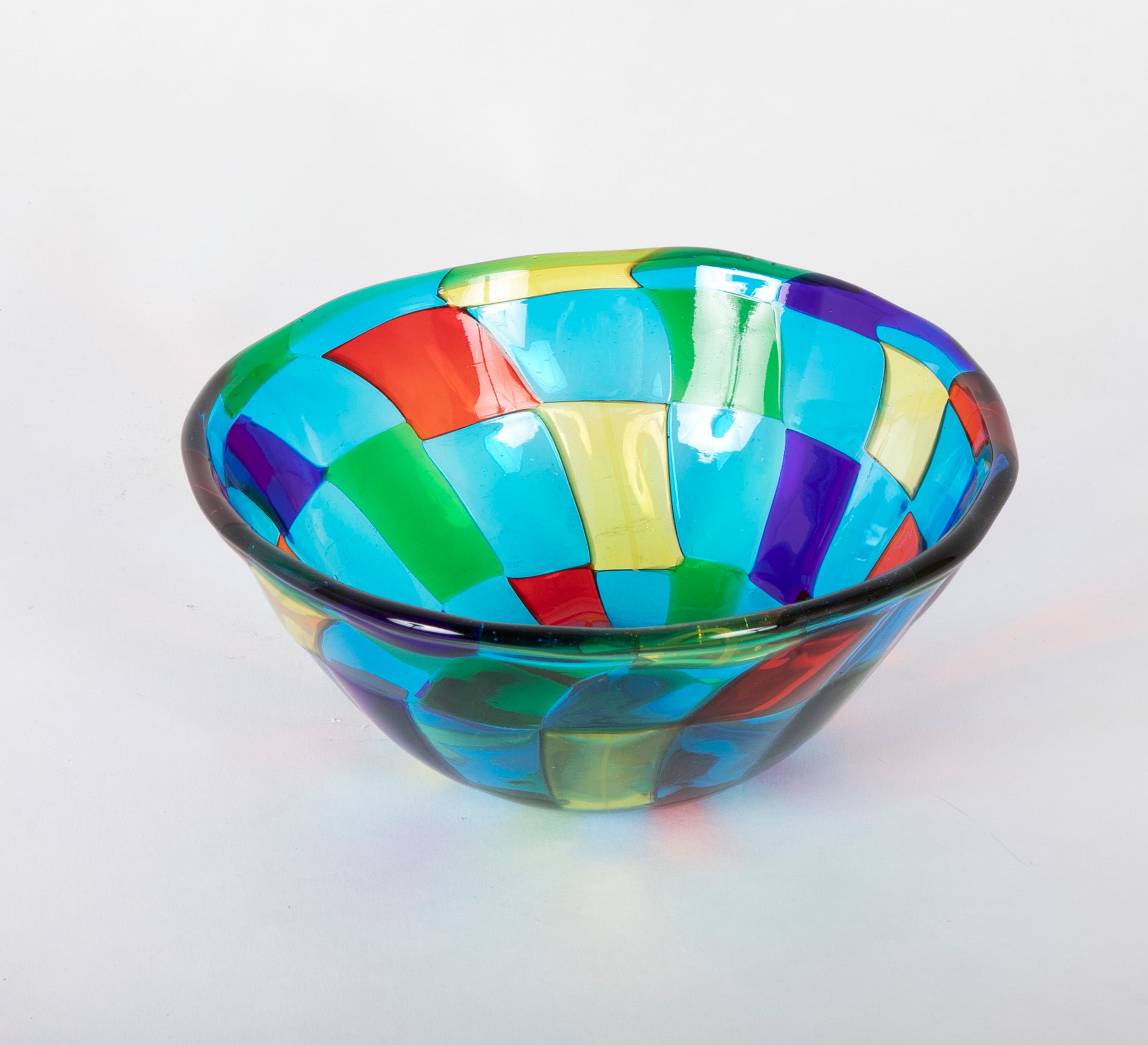 Unique Murano Glass Bowl with Blue Shades and Multicolored Filaments