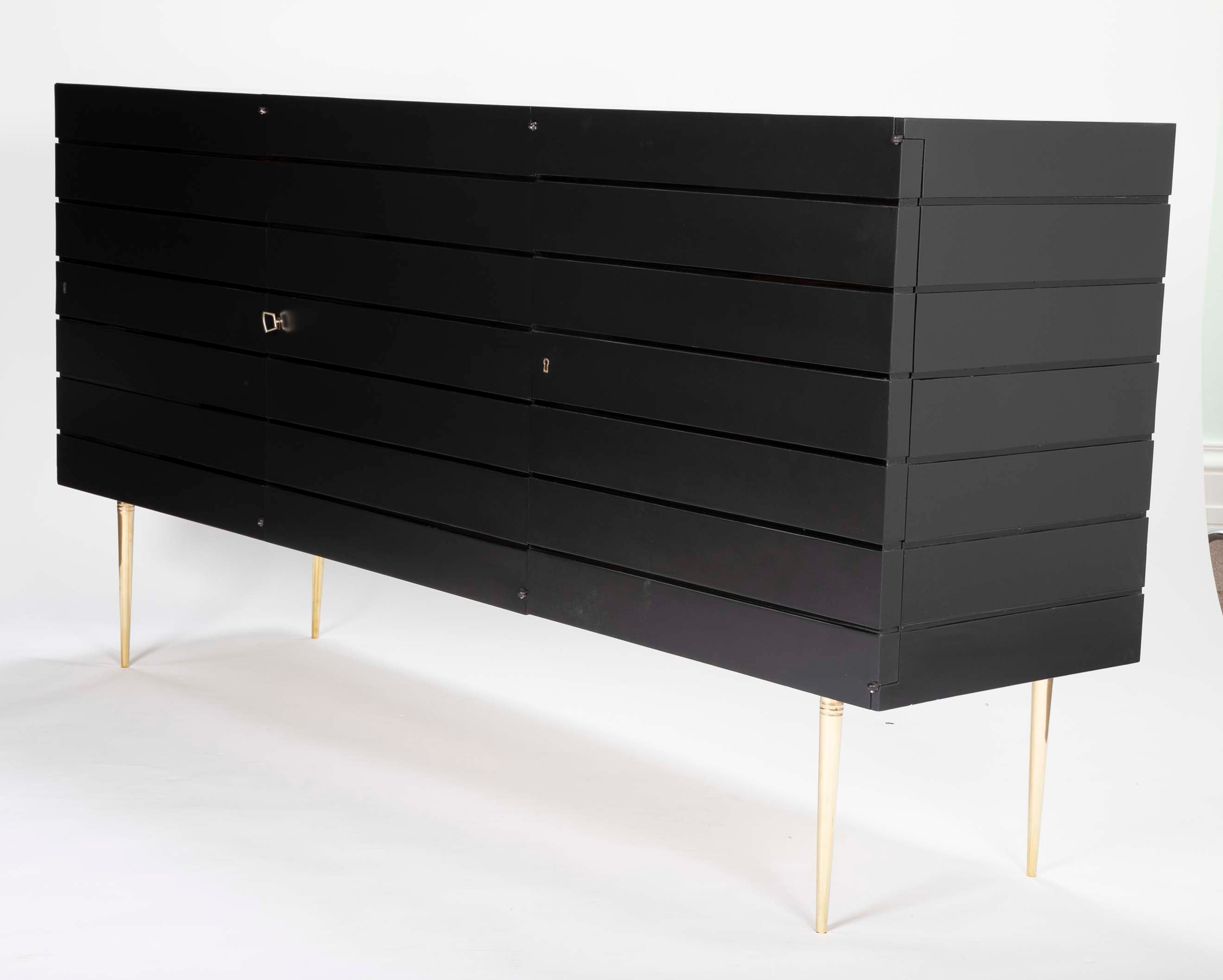 Two-Tone Black Italian Credenza on Brass Legs Avery & Dash Collections Two-Tone Black Italian Credenza on Brass Legs Avery & Dash Collections