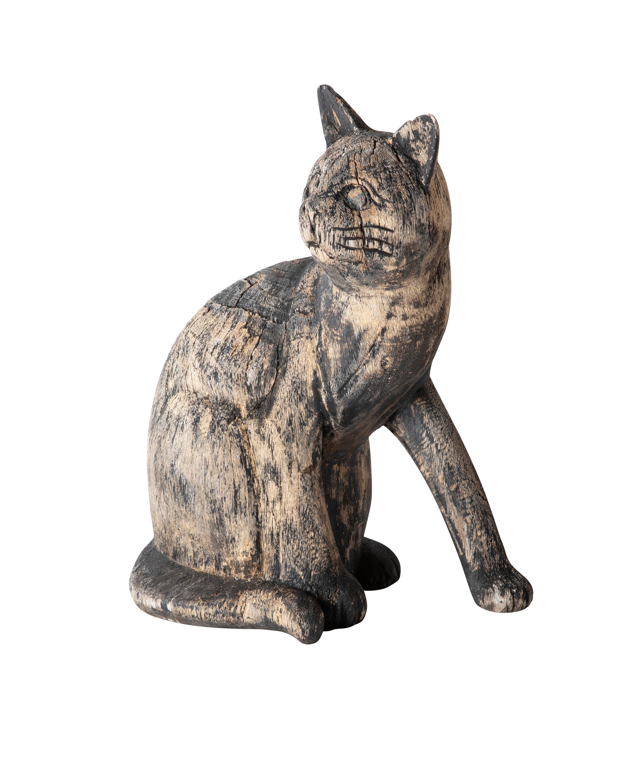 Beautifully Weathered Folk Art Carved Wooden Cat