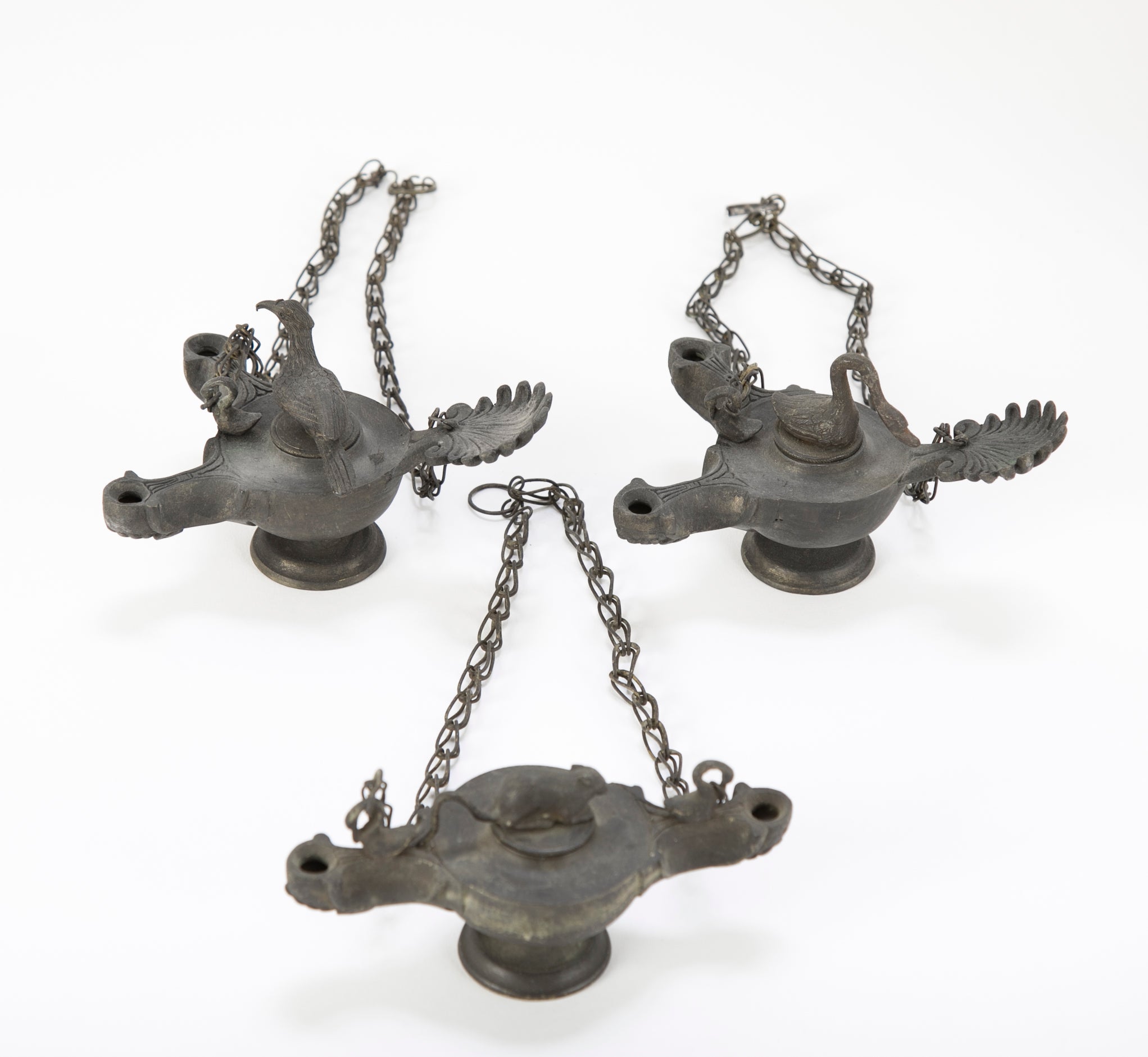 Pair of Italian Grand Tour Bronze Oil Lamps on Marble Bases